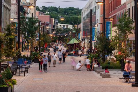 Lively downtown scene with shopping and dining