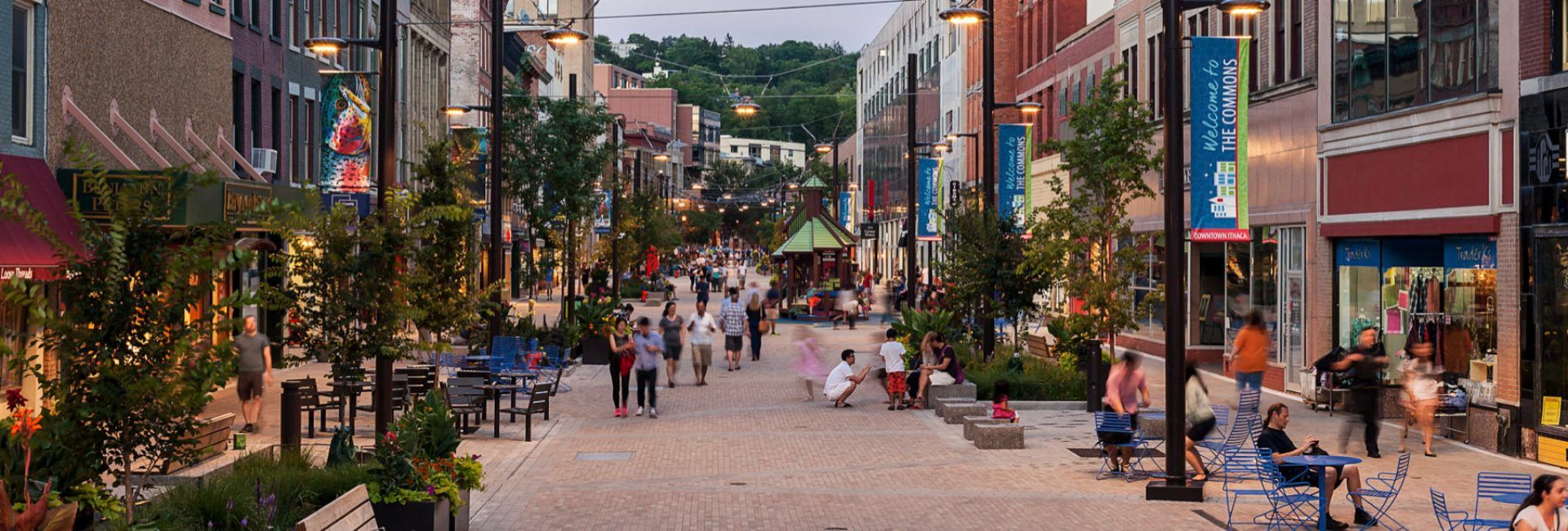 Lively downtown scene with shopping and dining